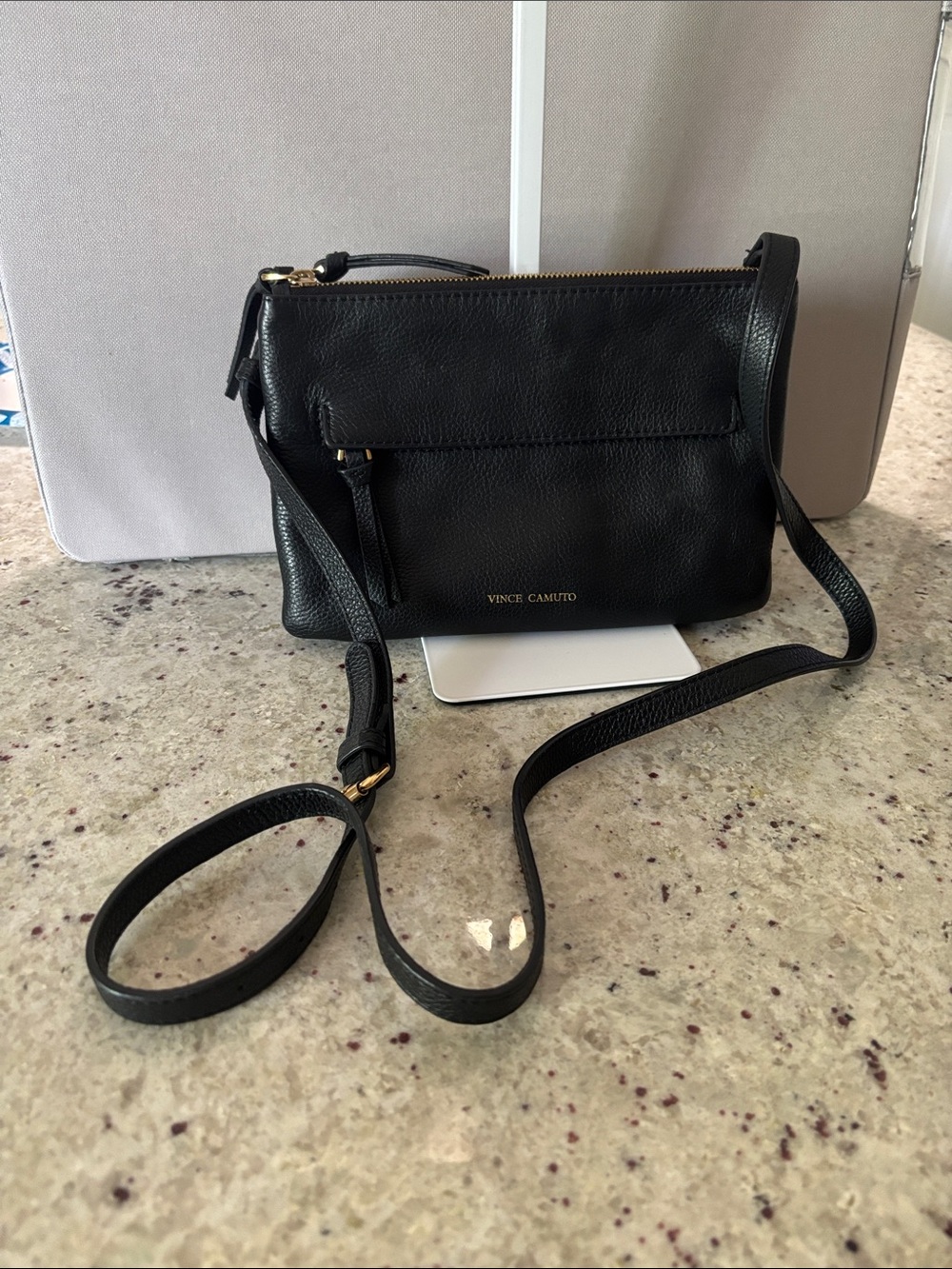Vince Camuto Black Pebbled Leather Crossbody with Gold Accents